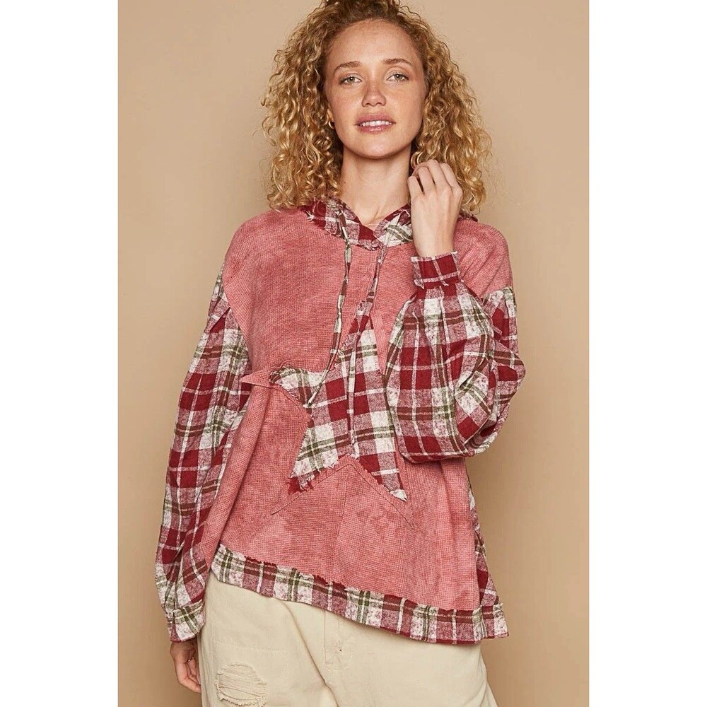 Anthropologie POL Star Patch Plaid Hoodie Size Small